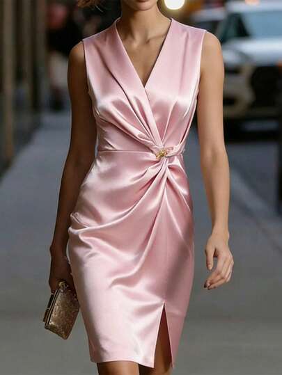 SHEIN Franclia Blush Sleeveless V-Neck Twisted-Waist Slit Midi Dress – Chic Figure-Flattering Event Guest Dress For Elegant Evening Occasions Women Elegant Outfits Anniversary Outfit For Women Pink Satin Dress Elegant Women Clothing Satin Midi Dress