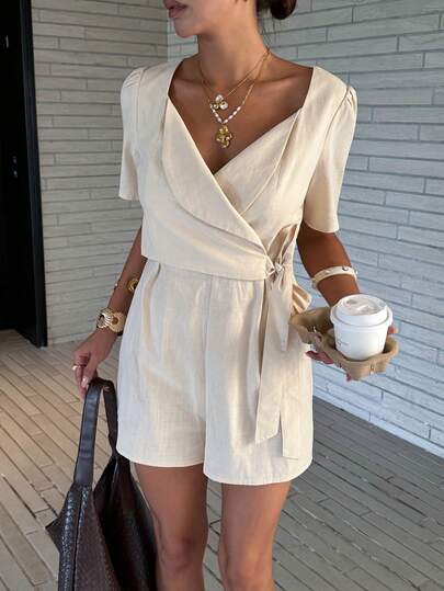 Siren Gaze Women's Lapel Tie-Up Short Jumpsuit, Linen Jumpsuit, Suitable For Casual, Vacation, Summer Casual Women's Jumpsuit