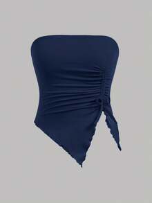 SHEIN Girlism 2pcs/Set Tween Girls' Casual Ruched Bandeau Top With Asymmetrical Hem And Flare Pants - Navy Blue - View 3