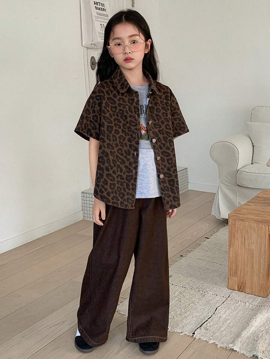 Dazy Kids Áo khoác dài tay cổ bẻ bằng vải denim họa tiết da báo cho bé gái tuổi teen, mùa thu. - màu nâu - Xem 1