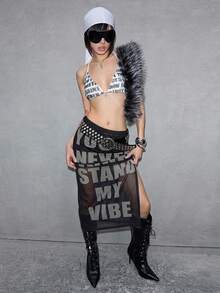 ROMWE Avant Oversized English Text Mesh Blurry Print Slim Fit Maxi Skirt - Black - View 2