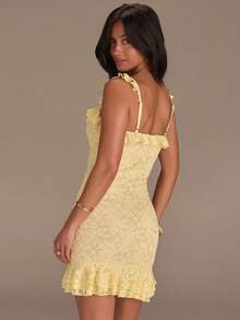 Athîral Women's Casual Vacation Knit Lace Yellow Spaghetti Strap Mini Dress,Summer Dresses For Women - Light Yellow - View 2