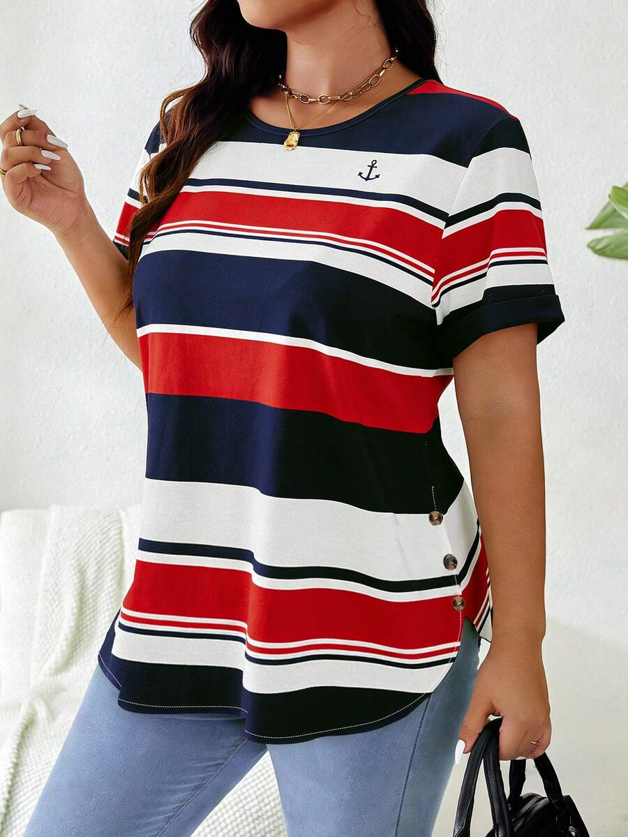 SHEIN LUNE Plus Size Summer Casual Colorblock Striped Short Sleeve T-Shirt - Multicolor - View 1