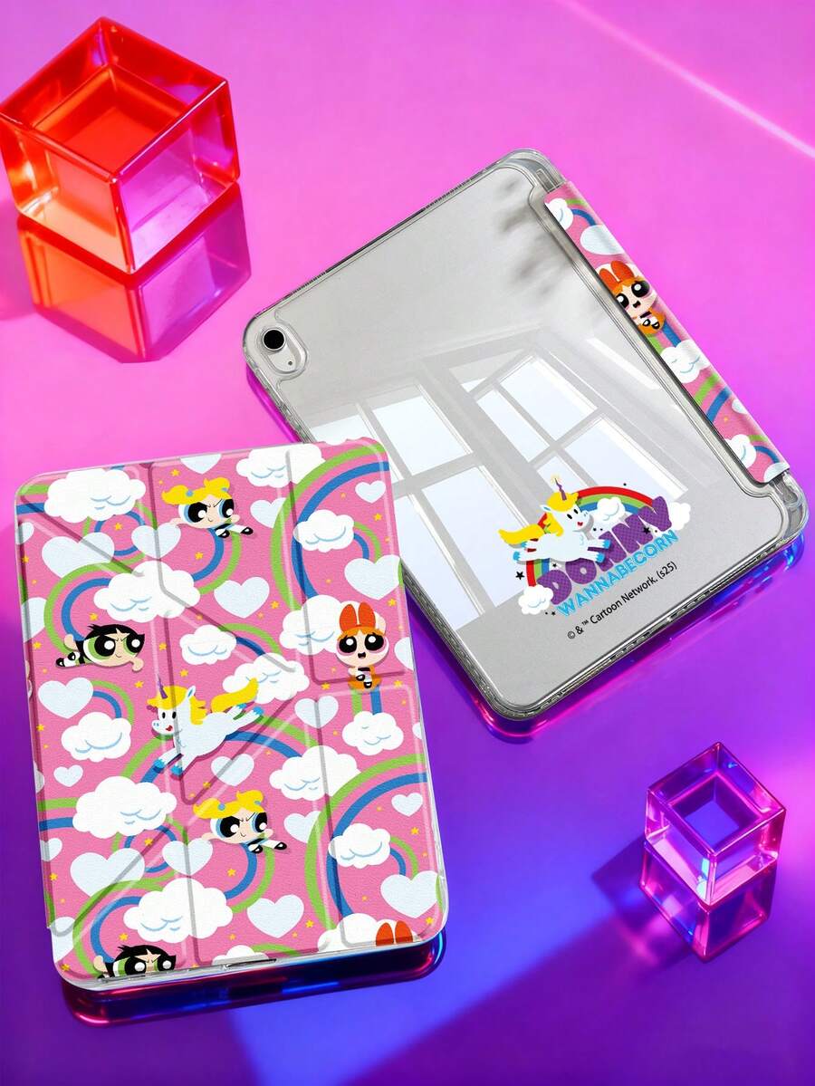 THE POWERPUFF GIRLS X SHEIN 卡通彩虹女孩平板电脑保护套，兼容 iPad (A16) 11 英寸第 11 代（2025 年款）/ iPad 第 10 代、iPad Pro 2020/2021 11 英寸、iPad 7/8/9 代、Galaxy Tab A9 Plus，高端质感，支持 3+Y 折叠，具备自动唤醒/睡眠功能和内置笔槽，防震保护套。 - 彩色 - 查看 1