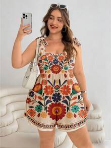 SHEIN EZwear Bộ áo liền quần cỡ lớn dành cho nữ, in họa tiết hoa nhí, kiểu thắt nơ, thích hợp cho kỳ nghỉ hè hoặc ngày Valentine. - Nhiều màu - Xem 4