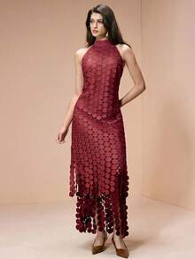 Arave Đầm dài dệt kim cổ tròn không tay, thiết kế tua rua, thanh lịch dành cho nữ, thích hợp cho hẹn hò, tiệc tùng, du lịch. - Màu Đỏ Sâu - Xem 4