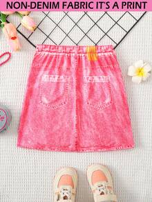 SHEIN 小女孩可爱独角兽卡通牛仔效果休闲裙 - 玫紅色 - 查看 2