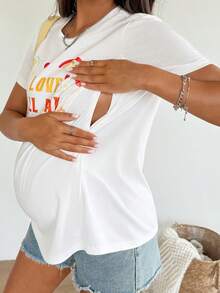 SHEIN Maternity Casual Letter Print Nursing T-Shirt, Summer Summer Outfits Cute Shirt T Shirt For Women Casual - White - View 6