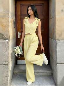 SHEIN Set de 2 piezas Conjunto casual de chaleco sin mangas y pantalones de pierna ancha con cintura elástica para adolescentes, verano - Amarillo - Ver 3