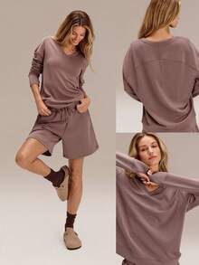 GLOWMODE 莫代尔丝滑柔顺宽松V领长袖卫衣，袖长及臀，带拇指孔，适合日常休闲秋冬穿着。 - 摩卡棕 - 查看 8