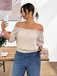Lounesse Áo chui đầu trễ vai cỡ lớn dành cho nữ, áo kiểu dáng thường ngày màu mơ nhạt dành cho nữ. - Màu be - Xem 4