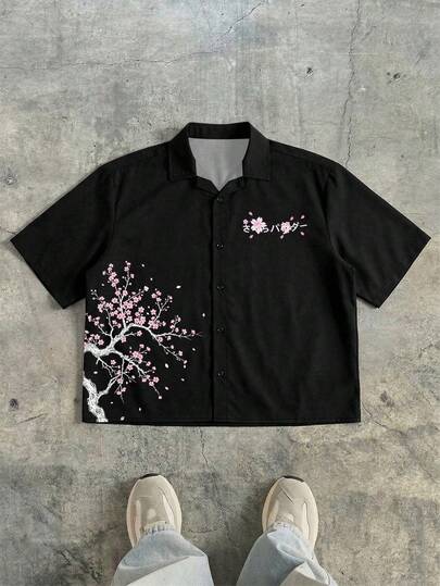Manfinity EMRG Men's Summer Black Oversized Short Sleeve Shirt Cherry Blossom Tree Print Pink Floral Japanese Style Graphic Button Up Collar Top Streetwear Vintage Dark Aesthetic Casual Festival Concert Coachella Club Party Going Out Drop Shoulder Loose Fit Breathable,Men's Japanese Print Short Sleeve Shirt