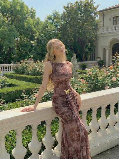 SHEIN MOD Vintage Bow Print Ruffle Trim Extra Long Dress,Spring /Summer Outfits Women, Vacation Outfits Women,Party , Garden Party ,  Elegant Party, Wedding Guest Party Set,Going Out Outfits,Beach ,Summer Holiday Outfits ,Festival , Picnic,Birthday, Wrap Around Dresses For Ladies, Yacht Dress, Wow Dress