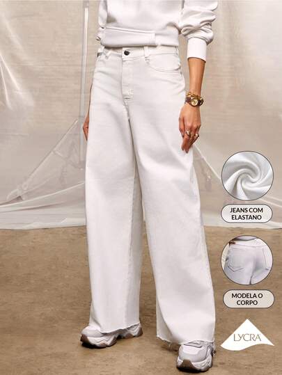 Daynim Calça Jeans Comfort Lycra Feminina Wide Leg Cropped Com Stretch Elastano Cintura Alta Barra a Fio Off, Entrega Local Brasil