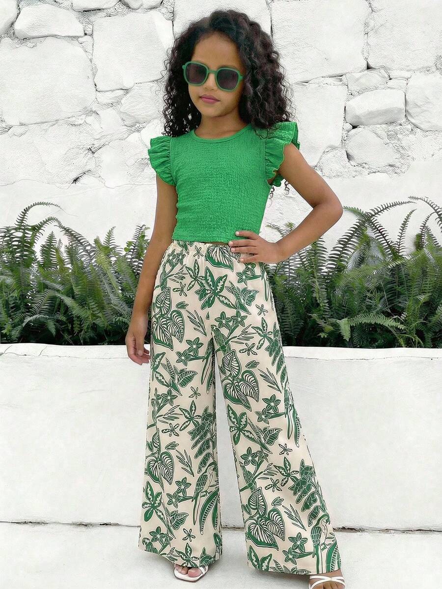 SHEIN Set de 2 piezas para niñas preadolescentes: Top de cuello redondo texturizado con mangas abullonadas y pantalones rectos con estampado, estilo casual de vacaciones, adecuado para uso diario y vacaciones en primavera/verano - Verde - Ver 1