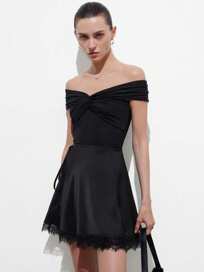 Aveloria Modichic 女士新款低腰缎面纯色蕾丝拼接裹身裙