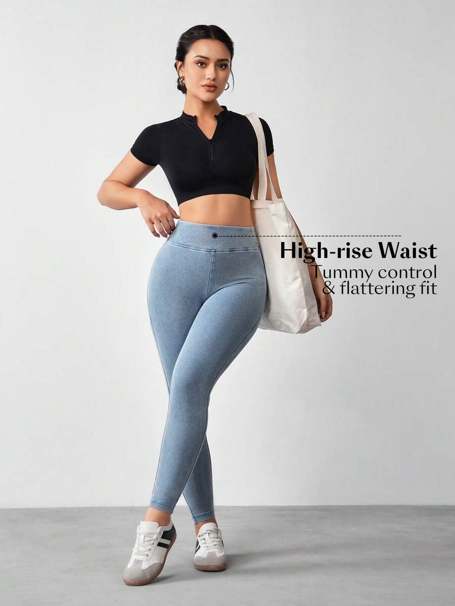 SHEIN FlexDen Women's 7/8 Length Denim Jeggings, Peach Butt Lifting Skinny Fit - Blue - View 1