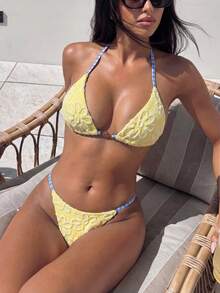 SHEIN Swim Mod 女士黄色向日葵图案和蓝色格子双面V领露背比基尼两件套，性感铆钉短裤，甜美海滩度假风，春夏款 - 黃色 - 查看 8