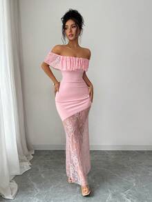 Rafferiza Đầm nữ màu hồng thanh lịch, trễ vai, cổ bèo nhún, phối ren, ôm sát, thích hợp cho mùa xuân/hè, đầm dự tiệc sang trọng. - Hồng - Xem 5