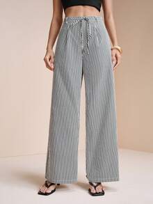 Arave 女士编织收腰条纹设计系带休闲通勤约会时尚都市阔腿裤，黑色 - 黑與白 - 查看 4