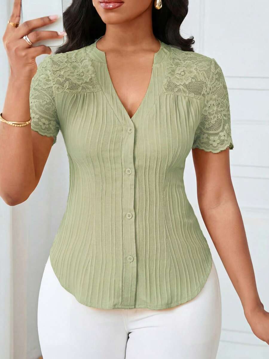Lunelith SHEIN Lunessa Commuting Minimalist Solid Color Lace Splice Cutout Collar Blouse For Women - Green - View 1