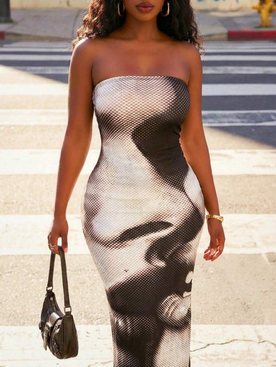 SHEIN SXY Vestido tubo ajustado con estampado de figura de color oscuro para mujer de talla grande - Blanco y Negro - Ver 1