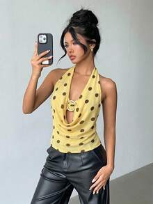Aloruh 新款波点印花性感半透明垂褶露背背心，饰以现代金属装饰，适合海滩度假和优雅约会。 - 黃色 - 查看 6