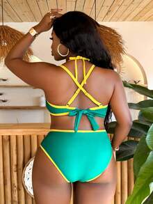 Slaydiva Große Größen 2026 Neuer Sommer Farbblock Patchwork Minimalistischer Stylischer Schwarzer Badeanzug Set - Verschiedenfarbig - Übersicht 2