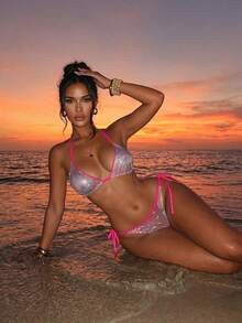 Swim SXY Bãi Biển Mùa Hè Ánh Kim Bộ Bikini Tương Phản Ràng Buộc Dây Tam Giác Áo Bra Top & Thắt Bên Bikini 2 Miếng Bikini - Bạc - Xem 3