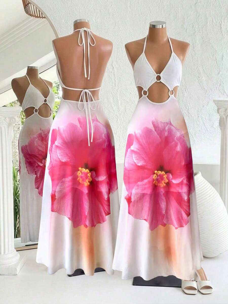 BamGleam Đầm mùa hè mới in họa tiết hoa dâm bụt ombre, cổ yếm, lưng khoét sâu, ôm sát, thích hợp cho kỳ nghỉ hè trên đảo/chụp ảnh bãi biển mang phong cách gợi cảm. - Nhiều màu - Xem 1