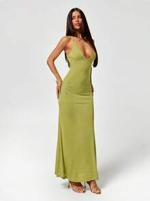 SHEIN ICON Đầm dài hở lưng đính đá xuyên thấu gợi cảm dành cho phụ nữ - Màu xanh chanh - Xem 5