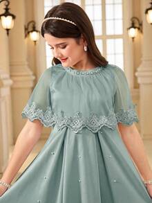 Tween Girl Contrast Lace Faux Pearl Decor Fashion Dress - Green - View 3