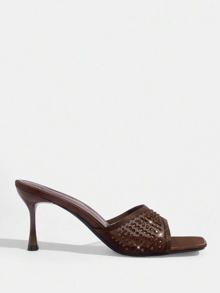 CUCCOO SZL Women Shoes Square Toe Stiletto Brown Mesh Full Diamond Pedal Fashion Elegance French Women's High Heel Sandals Slippers With Skirts Daily Versatile Sexy Banquet Party Women's Sandals Summer Shoes