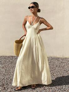 Livesso Beach Party Holiday Outfit Easter Vacation Summer V-Neck Waist Cinched Mid-Length Dress For Women Sundress - Beige - View 4