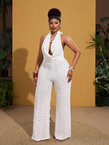 Maweii Plus Size Lace Halter V-Neck Backless Casual Jumpsuit - White - View 5