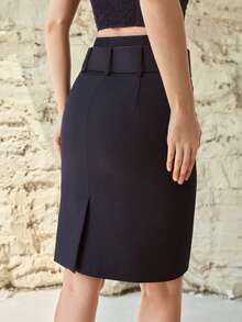 MOTF PREMIUM SOLID BUCKLE BELTED SPLIT BACK PENCIL SKIRT - Blue - View 3