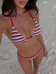 Bonvoyette Bộ bikini gợi cảm buộc dây cổ, kẻ sọc, dành cho nữ, thích hợp mặc đi biển mùa hè. - Nhiều màu - Xem 1