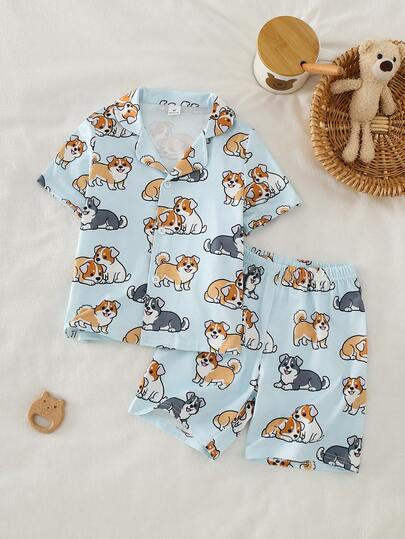 2件套幼儿男童休闲舒适柔软阻燃针织面料卡通狗狗印花短袖开衫上衣和短裤睡衣套装，日常穿着
