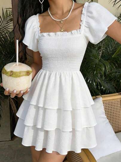 SHEIN Teen Girl Casual Vacation White Textured Square Neck Cap Sleeve Layered Ruffle Hem A-Line Dress, Classy Spring Girl Dress, Tiered Dress, Picnic Dress, Tea Party Dress
