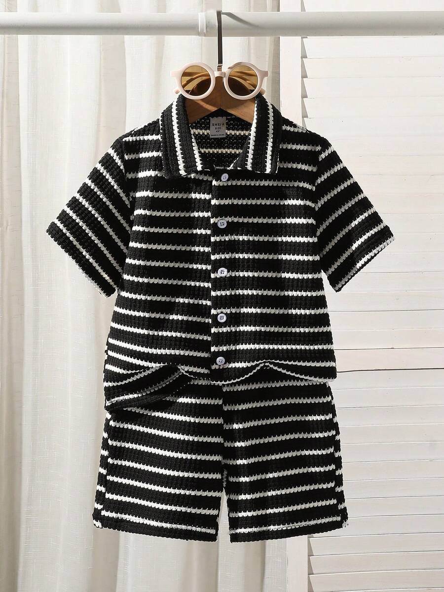SHEIN 2pcs Young BoyTextured Stripe Knit Shirt And Shorts Set Short Sets For Boys - Multicolor - View 1