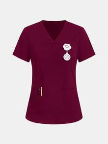 TaskEZ Áo thun nữ y tá cổ chữ V tay ngắn có 2 túi - Màu tím - Xem 3