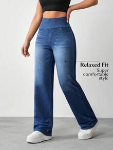 SHEIN Essnce Damen Lässig Vielseitig Alltagskleidung Hoch-Stretch Denim Hose Reise Marineblau Sommer, Große Frauen - Dunkle Waschung - Übersicht 4