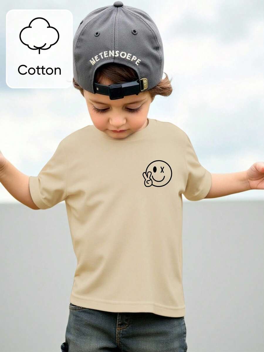 Tee-shirt décontracté à col rond à manches courtes pour tout-petits garçons, en coton rétro, avec imprimé visage souriant et geste de la victoire, kaki, adapté pour les sorties d'été - Multicolore - Voir 1