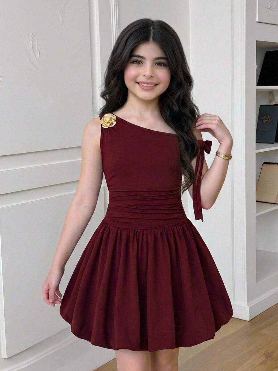 SHEIN Đầm ôm dáng ôm họa tiết hoa, thắt eo bất đối xứng, viền bèo nhún, dành cho bé gái tuổi teen. - Màu Đỏ Sâu - Xem 1