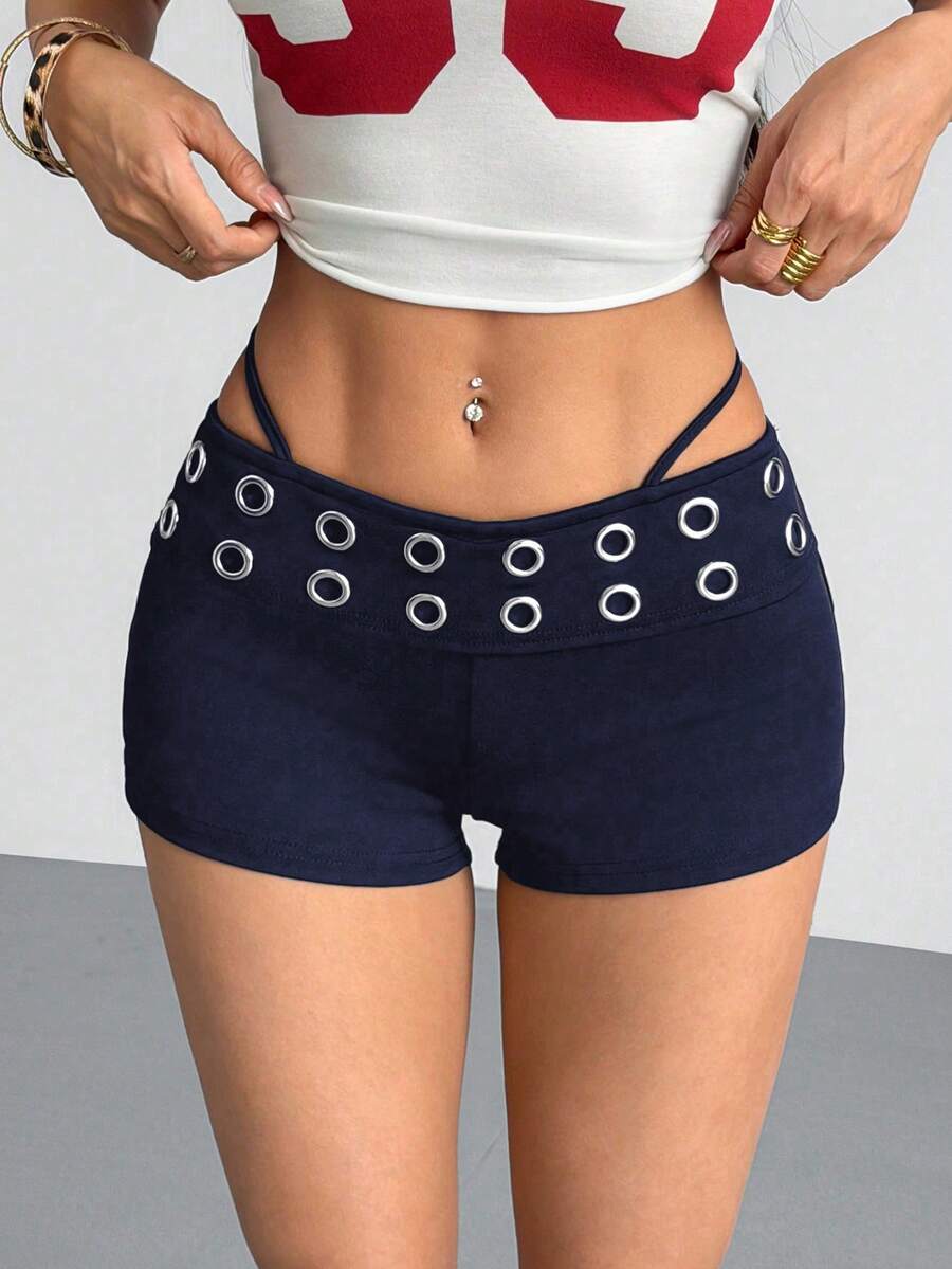 Hanevo 纯色金属孔眼性感街头休闲运动短裤 - 藏蓝色 - 查看 1