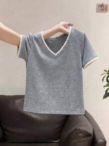 Resyla 女士V领撞色滚边休闲日常短袖T恤 - 灰色 - 查看 4