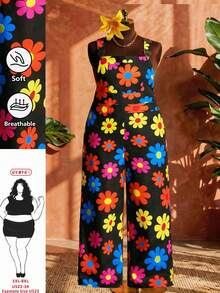 SHEIN CURVE+ Curve 尺码 US22 音乐节、海滨度假、波西米亚风女士彩色印花连体裤，适合夏季休闲、度假和音乐节 - 黑色 - 查看 1