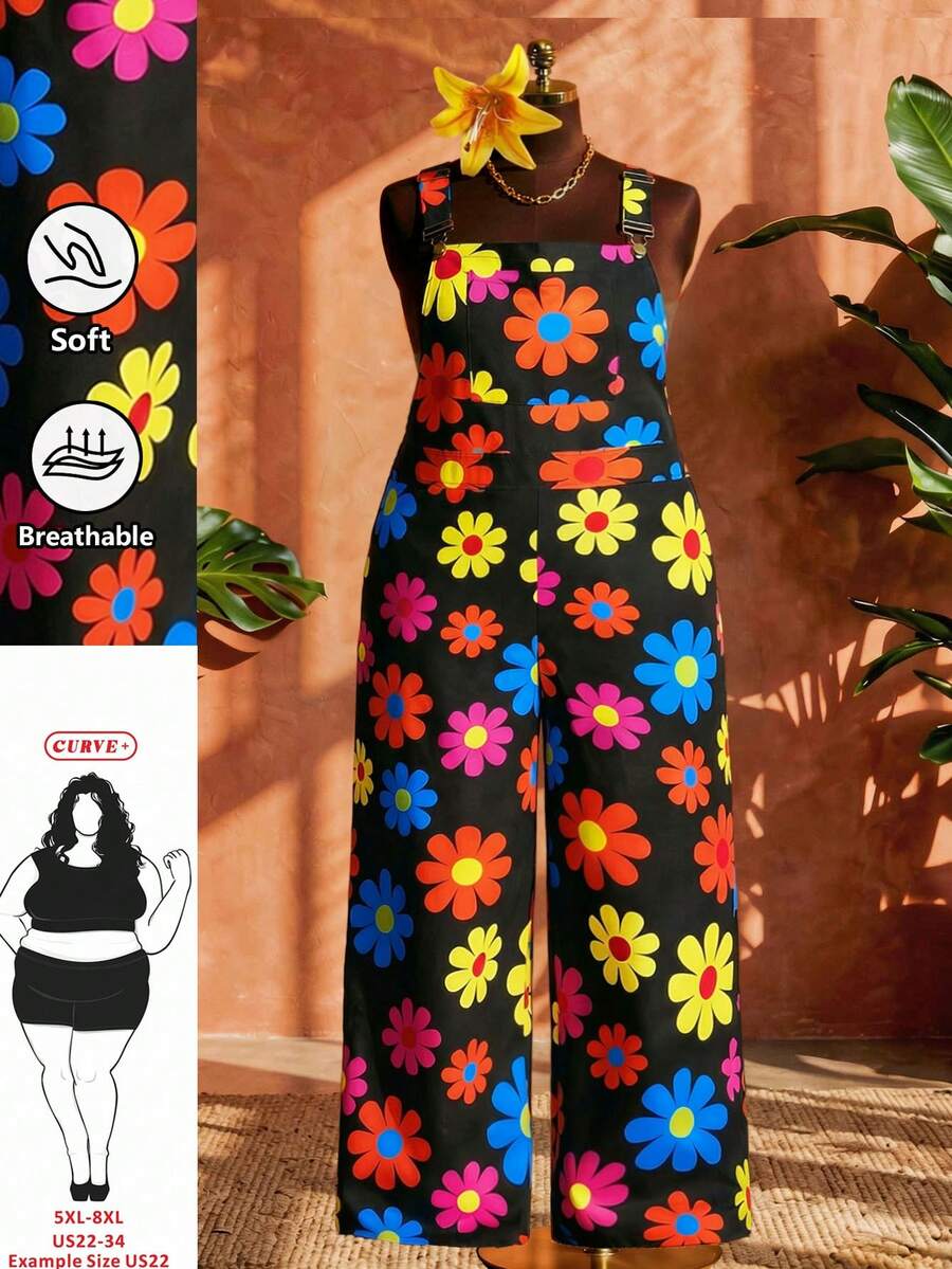 SHEIN CURVE+ Curve 尺码 US22 音乐节、海滨度假、波西米亚风女士彩色印花连体裤,适合夏季休闲、度假和音乐节 - 黑色 - 查看 1