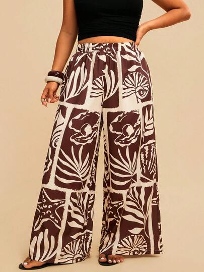 Travachic 大码女式红棕色印花阔腿裤，宽松阔腿裤，适合春夏穿着
