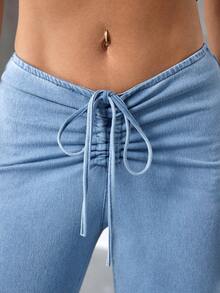 Flexra 女士抽绳腰带休闲喇叭牛仔裤 - 淺色水洗藍 - 查看 5